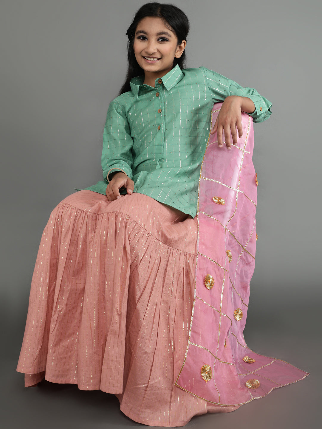 Girl's Green & Pink Sequin Kurta Lehenga With Dupatta