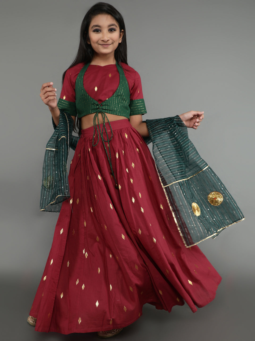 Girl's Maroon Woven Design Lehenga Choli With Dupatta