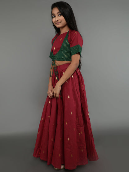 Girl's Maroon Woven Design Lehenga Choli With Dupatta