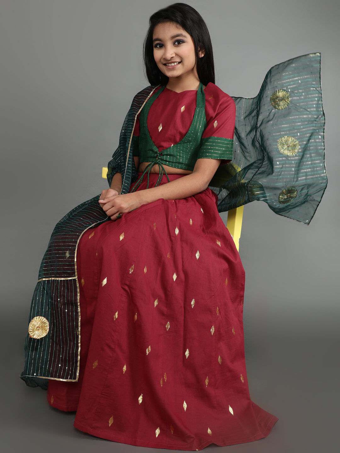 Girl's Maroon Woven Design Lehenga Choli With Dupatta