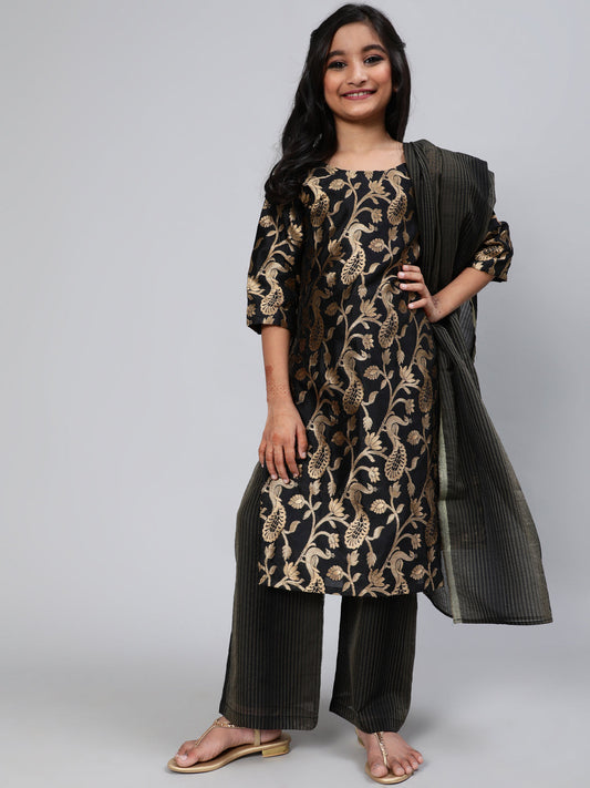 Girl's Blue Brocade Designed Kurta Palazzo With Dupatta