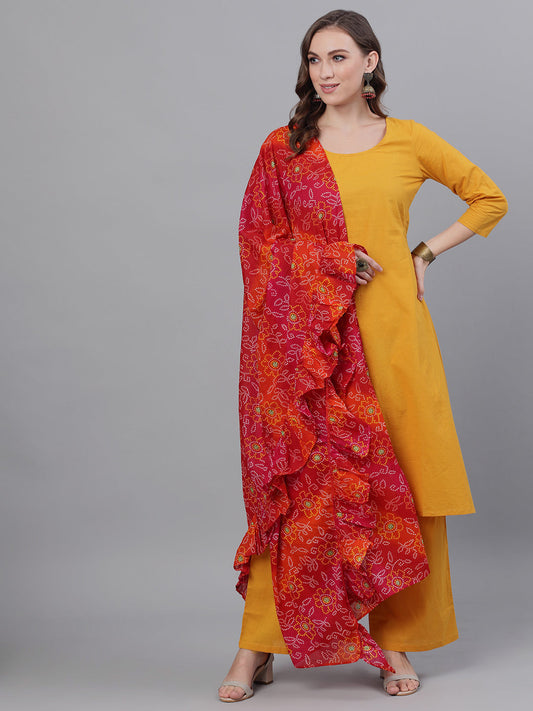 Women's Mustard Kurta Palazzo With Printed Dupatta