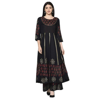 Women's Black Anarkali Kurta with palazzo set by - (2pcs set)