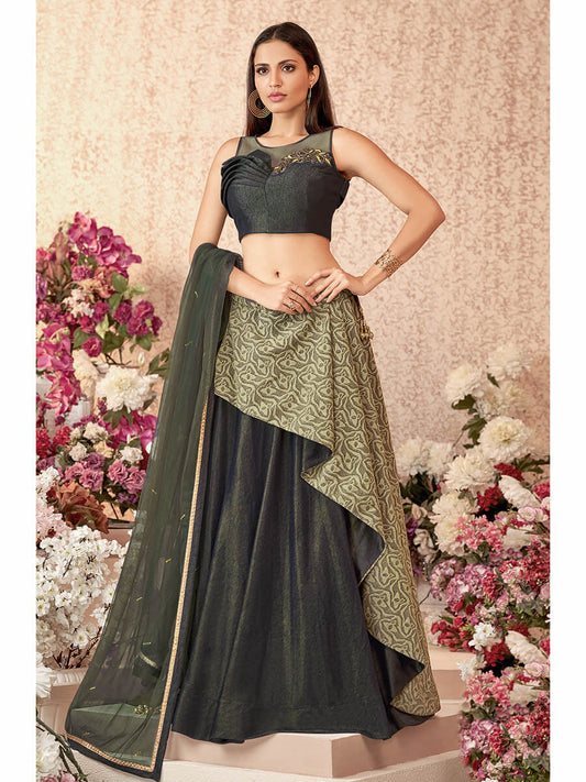 Women's Black and Green Embroidered Florence Designer lehenga