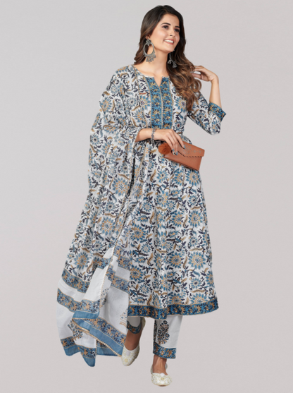 Women's Blue Anarkali Cotton Kurta With Pant & Dupatta  (3Pcs Set)