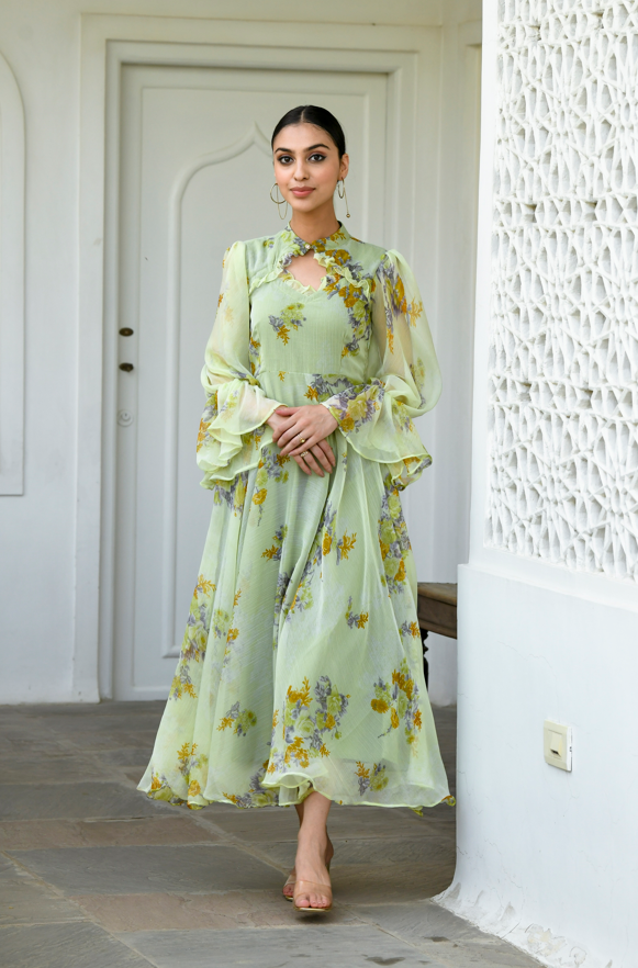 Women's Olive Flower Print Gown (1Pc)