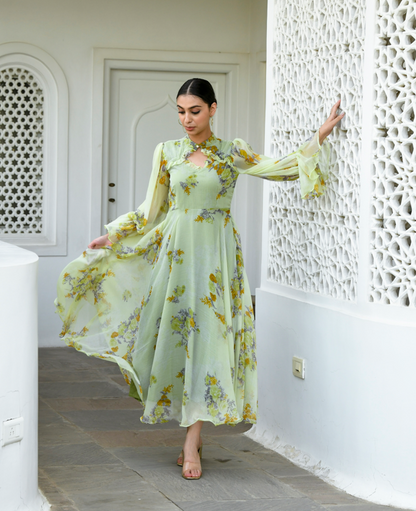 Women's Olive Flower Print Gown (1Pc)