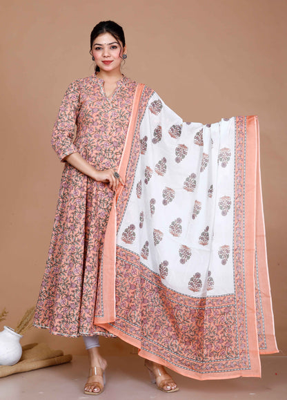 Women'S Surpassing Orange Partywear Floral Printed Anarkali Kurta Dupatta 