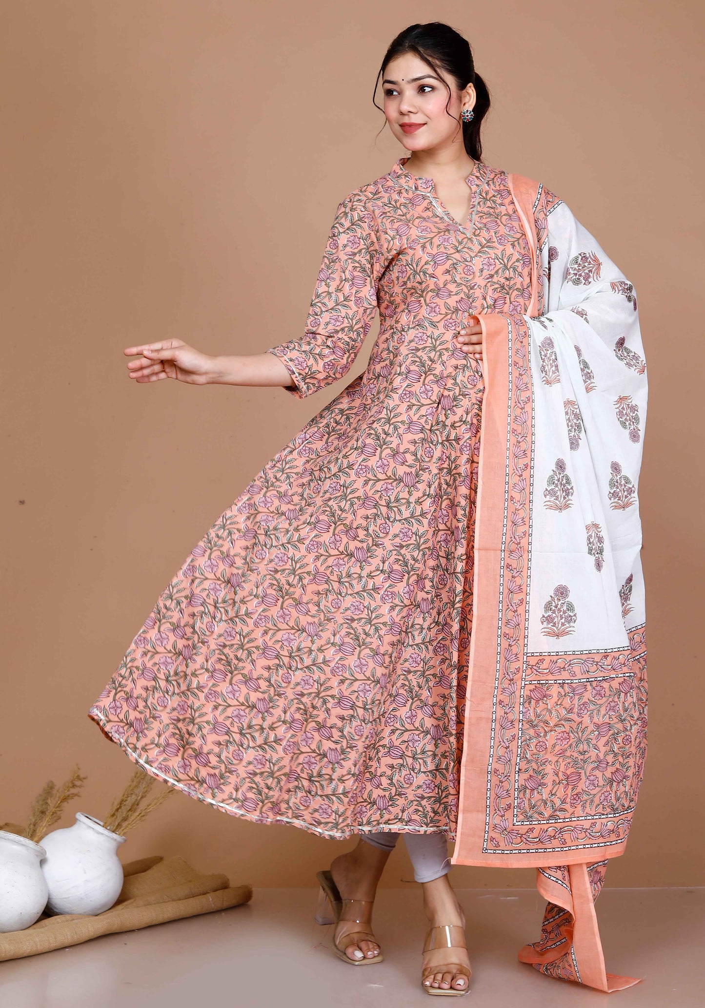 Women'S Surpassing Orange Partywear Floral Printed Anarkali Kurta Dupatta 