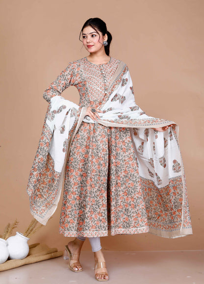 Women'S Partywear Brown Floral Printed Gota Work Long Anarkali With Dupatta Set