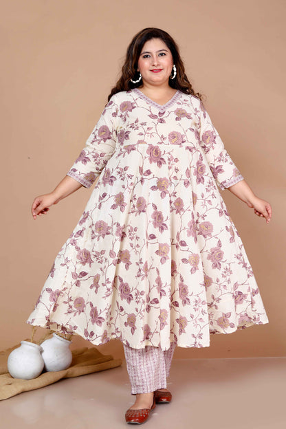 Women'S Plus Size Pink Floral Printed Kurta With Palazzo