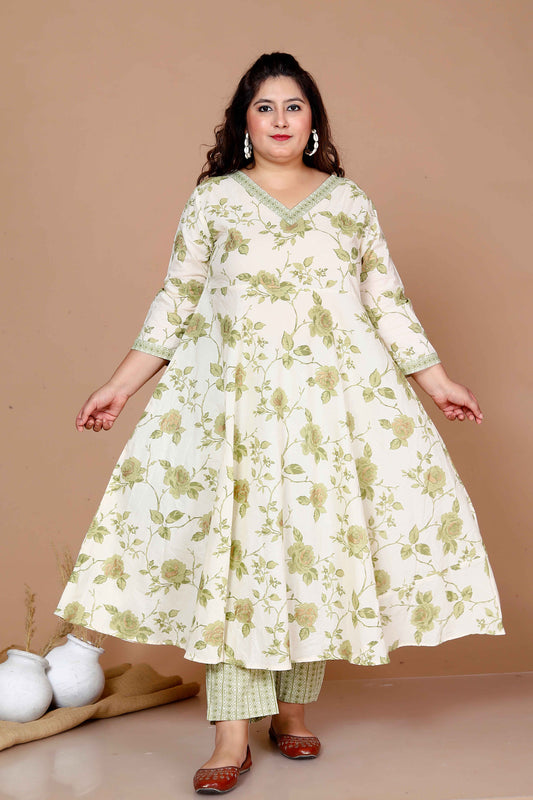 Women'S Plus Size Green Printed Pure Cotton Kurta With Palazzo