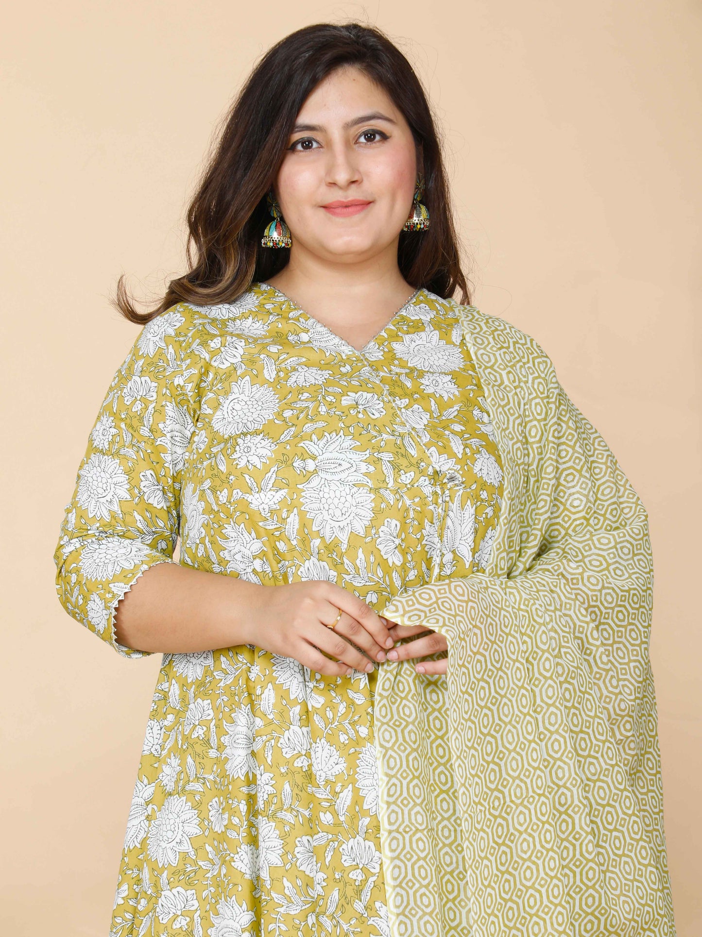 Women's Yellow Plus Size Floral Anarkali Kurta With Dupatta