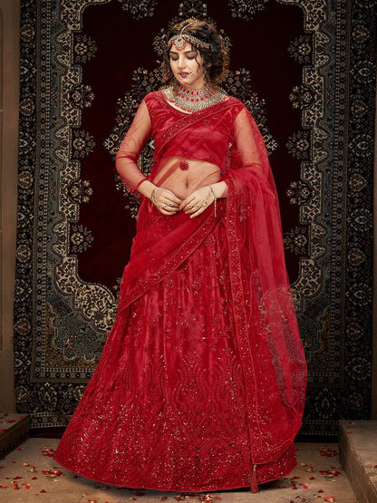 Women's Deep Red Heavy Embroidered Net Lehenga