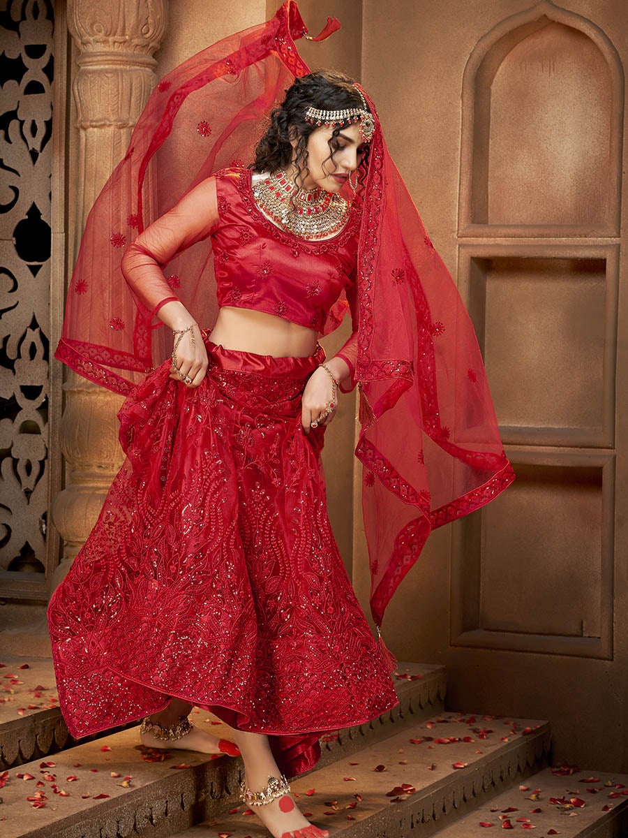 Women's Deep Red Heavy Embroidered Net Lehenga