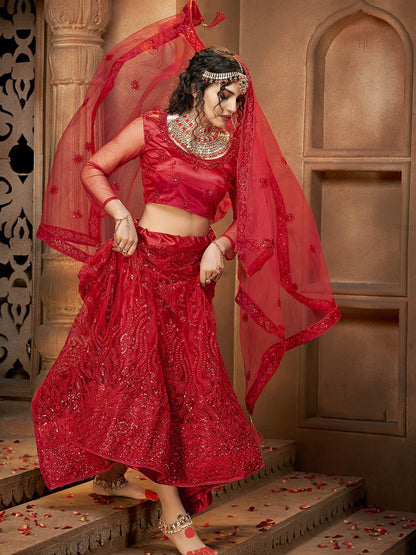 Women's Deep Red Heavy Embroidered Net Lehenga