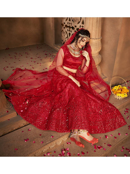 Women's Deep Red Heavy Embroidered Net Lehenga