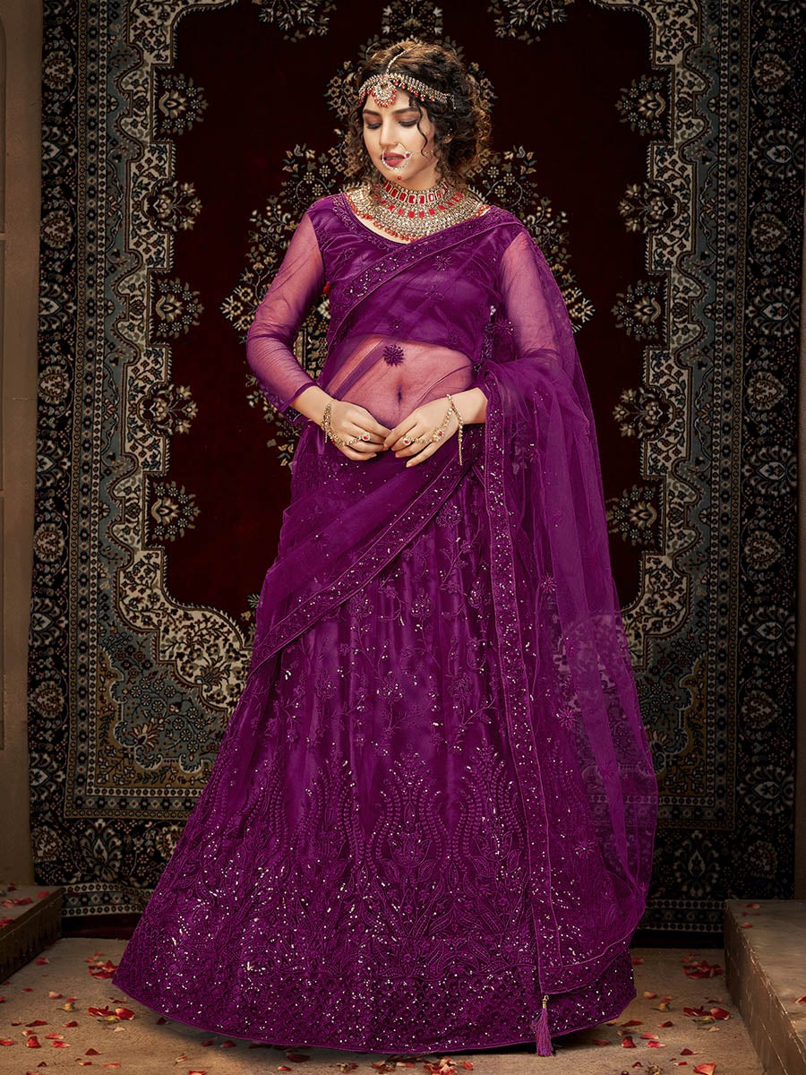 Women's Wine Heavy Embroidered Net Lehenga