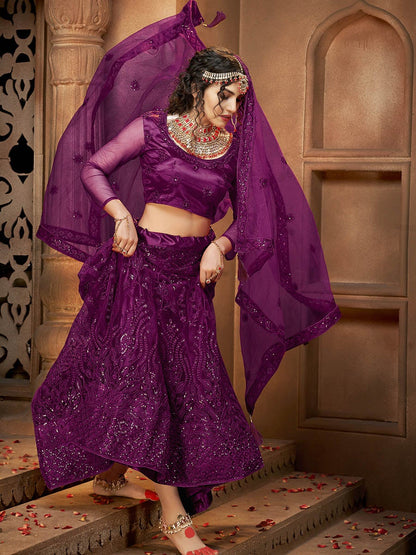 Women's Wine Heavy Embroidered Net Lehenga