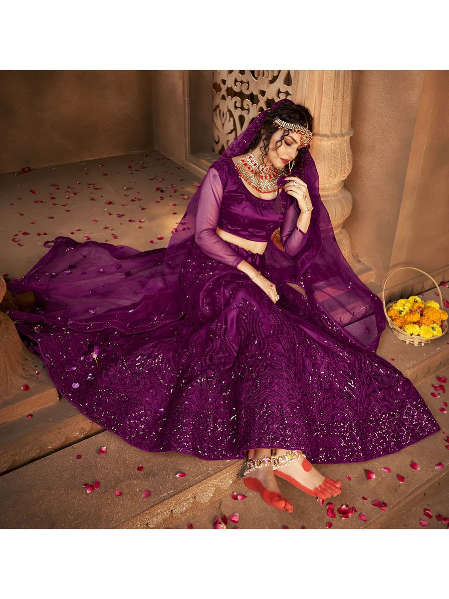 Women's Wine Heavy Embroidered Net Lehenga