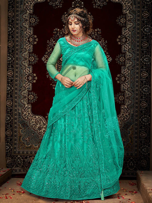 Women's Sea Green Heavy Embroidered Net Lehenga