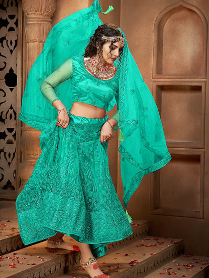 Women's Sea Green Heavy Embroidered Net Lehenga