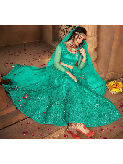 Women's Sea Green Heavy Embroidered Net Lehenga