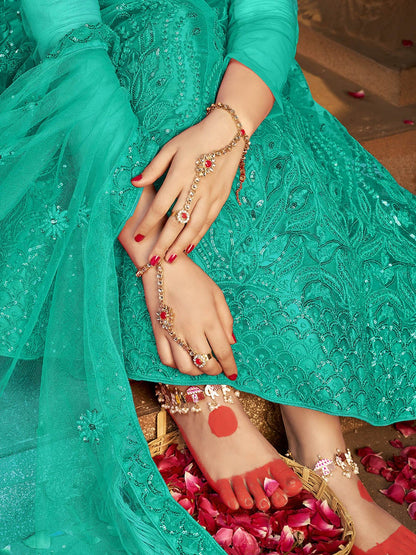 Women's Sea Green Heavy Embroidered Net Lehenga