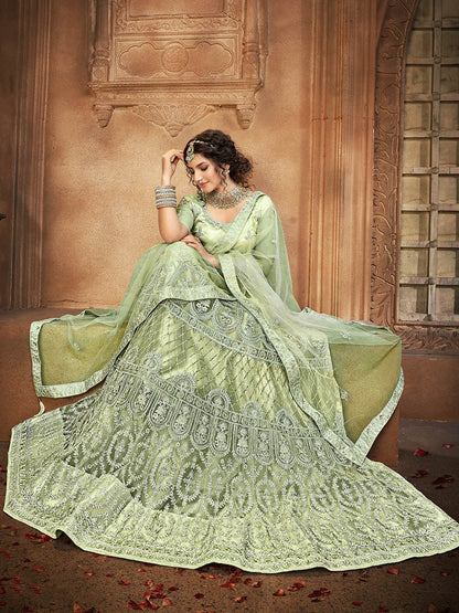 Women's Pista Heavy Embroidered Net Lehenga