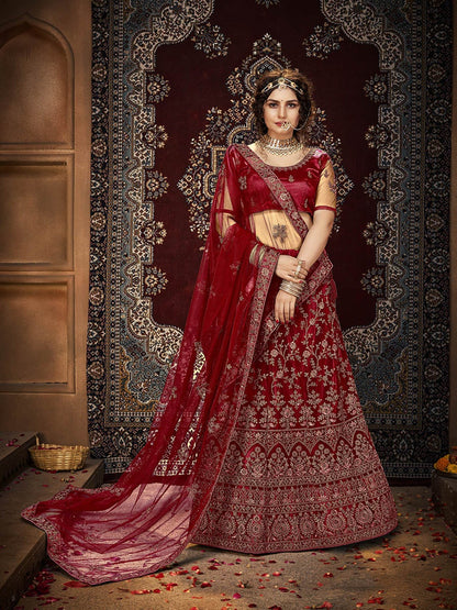 Women's Maroon Ocean Heavy Embroidered Net Lehenga