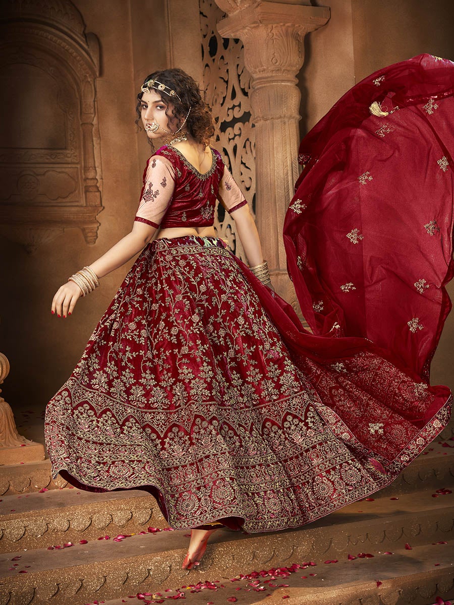 Women's Maroon Ocean Heavy Embroidered Net Lehenga