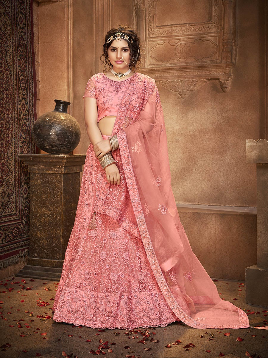 Women's Blush Heavy Embroidered Net Lehenga