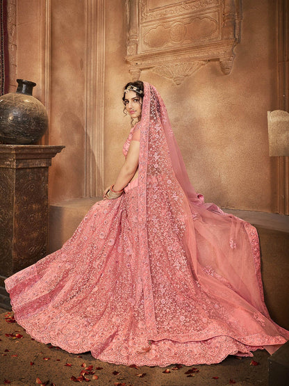 Women's Blush Heavy Embroidered Net Lehenga