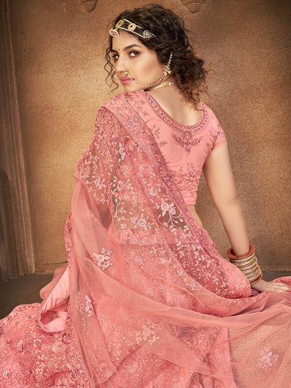 Women's Blush Heavy Embroidered Net Lehenga