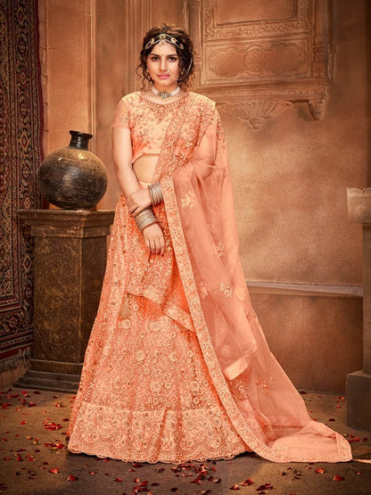 Women's Peach Heavy Embroidered Net Lehenga