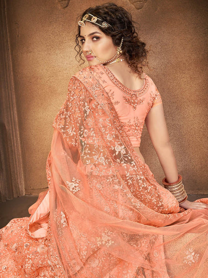 Women's Peach Heavy Embroidered Net Lehenga