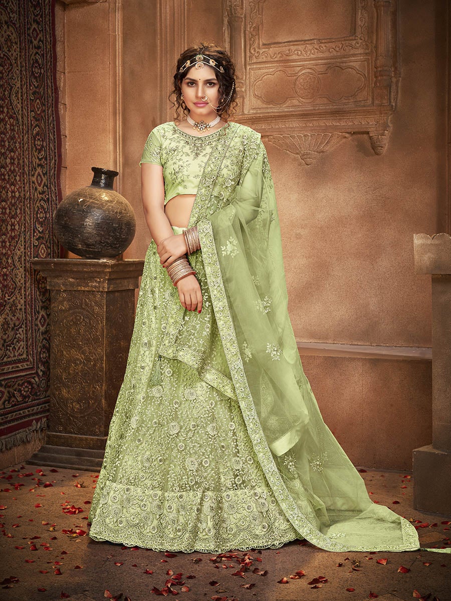 Women's Pista Green Heavy Embroidered Net Lehenga