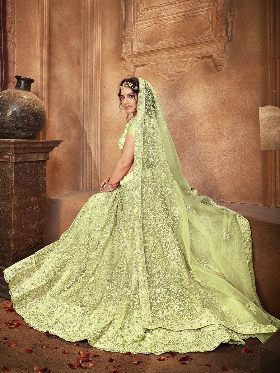 Women's Pista Green Heavy Embroidered Net Lehenga