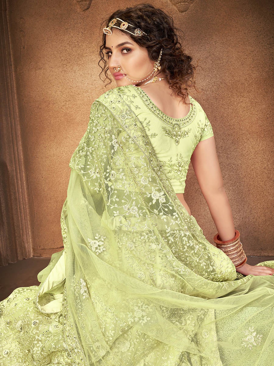 Women's Pista Green Heavy Embroidered Net Lehenga