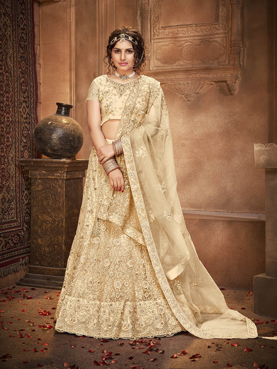 Women's Beige Heavy Embroidered Net Lehenga