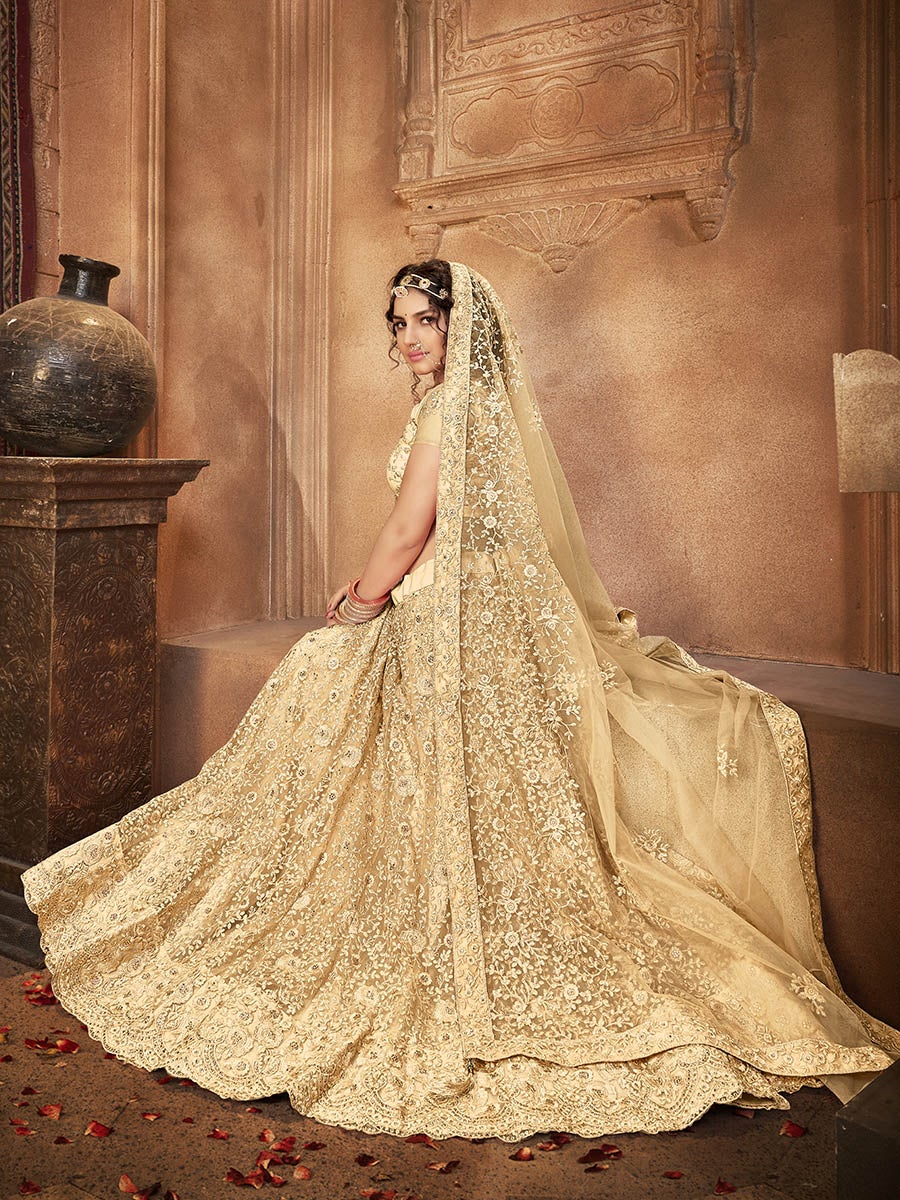 Women's Beige Heavy Embroidered Net Lehenga