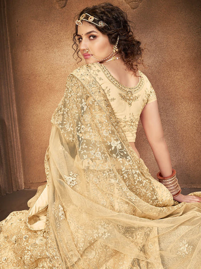 Women's Beige Heavy Embroidered Net Lehenga