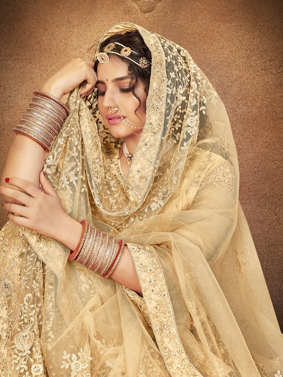 Women's Beige Heavy Embroidered Net Lehenga