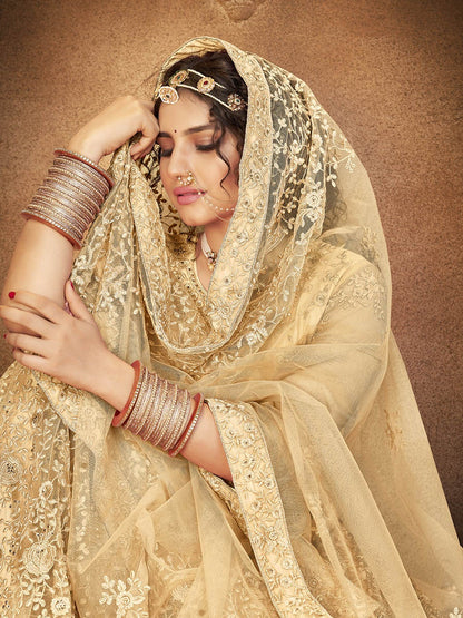 Women's Beige Heavy Embroidered Net Lehenga