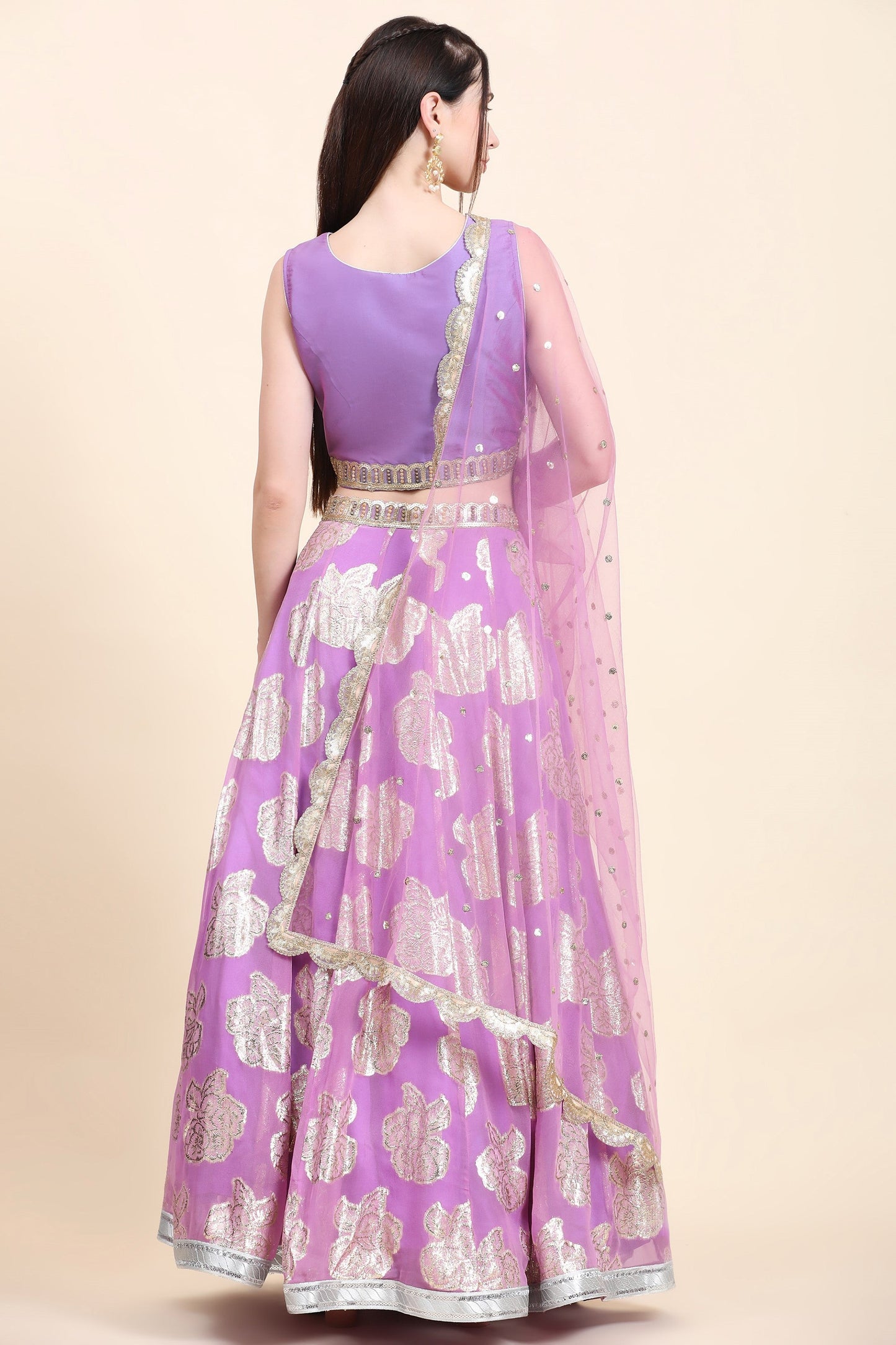 Women's Lavender Choli, Woven Georgette Lehenga, Net Dupatta set