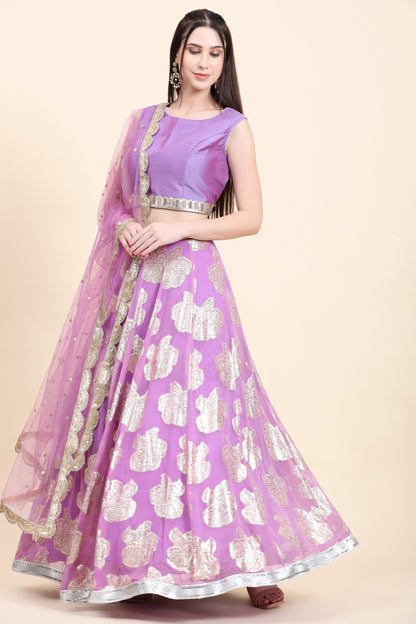 Women's Lavender Choli, Woven Georgette Lehenga, Net Dupatta set