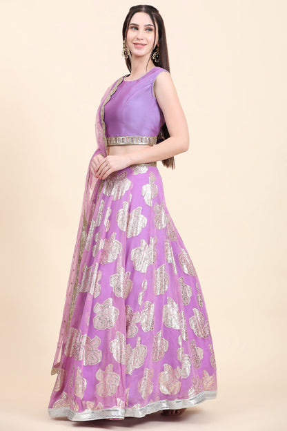 Women's Lavender Choli, Woven Georgette Lehenga, Net Dupatta set