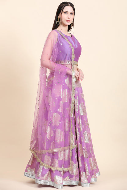 Women's Lavender Choli, Woven Georgette Lehenga, Net Dupatta set