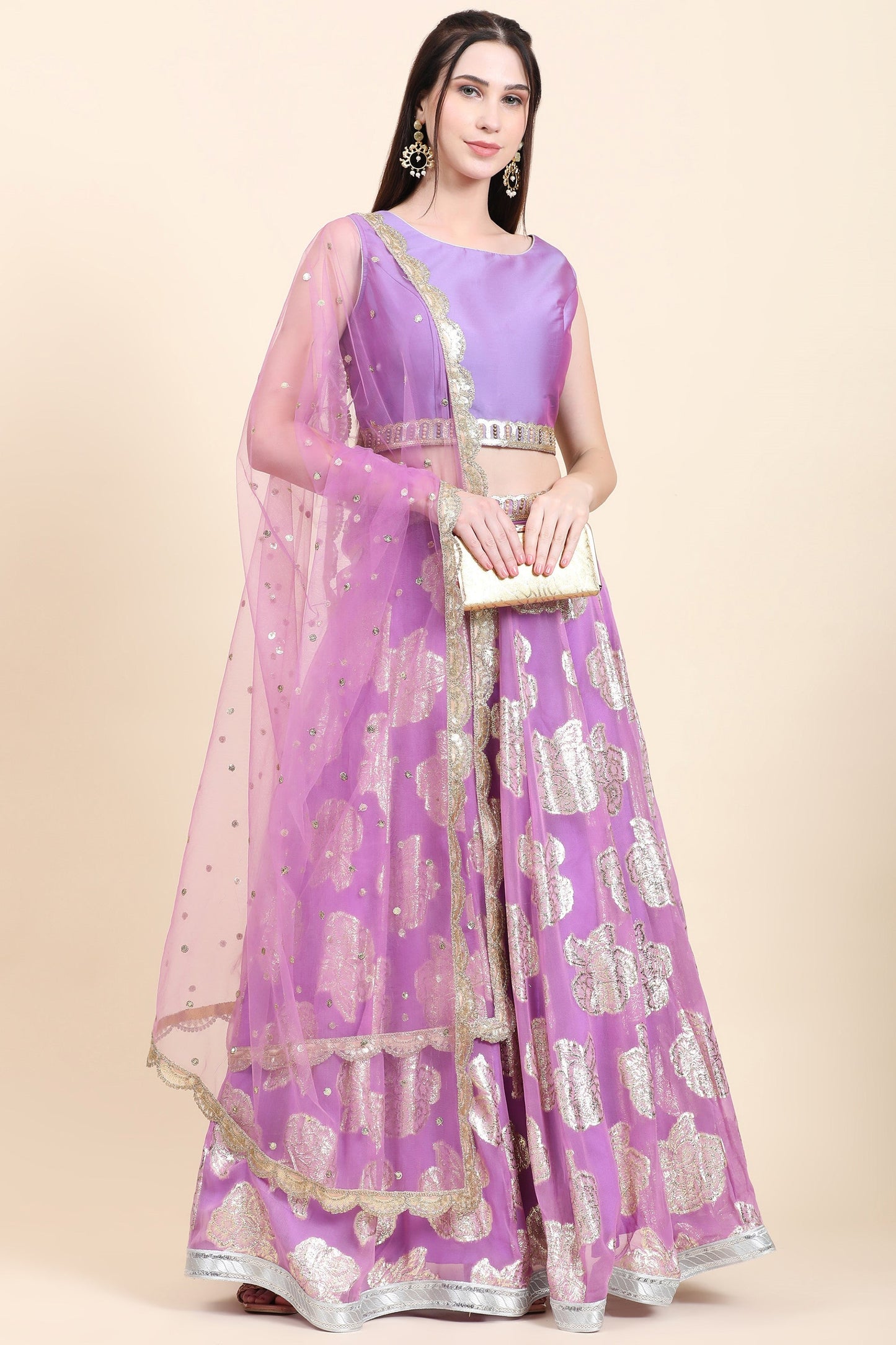 Women's Lavender Choli, Woven Georgette Lehenga, Net Dupatta set