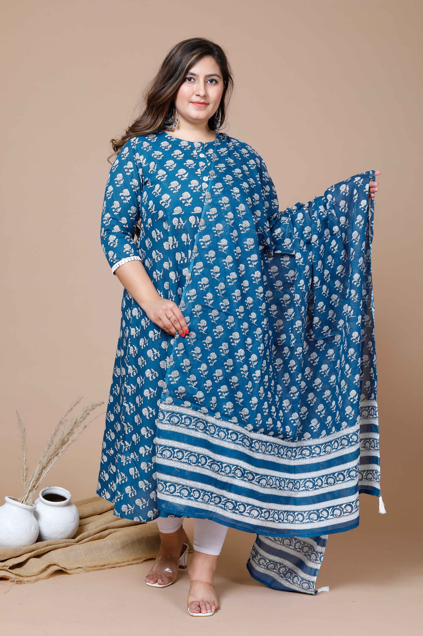 Women's Plus Size Blue Printed Anarkali Kurta With Dupatta